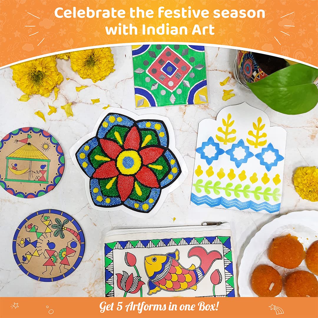 Imagimake Learn Indian Art Forms-Arts and Craft DIY Kit For Kids Learn Creative Crafts for Kids Ages 8-12, 5 Indian Art Forms-Madhubani, Warli, Lippan, Mandala & Block Printing Arts, Perfect DIY Craft Kit for Girls & Boys- Gift for Girls Kids & Boys