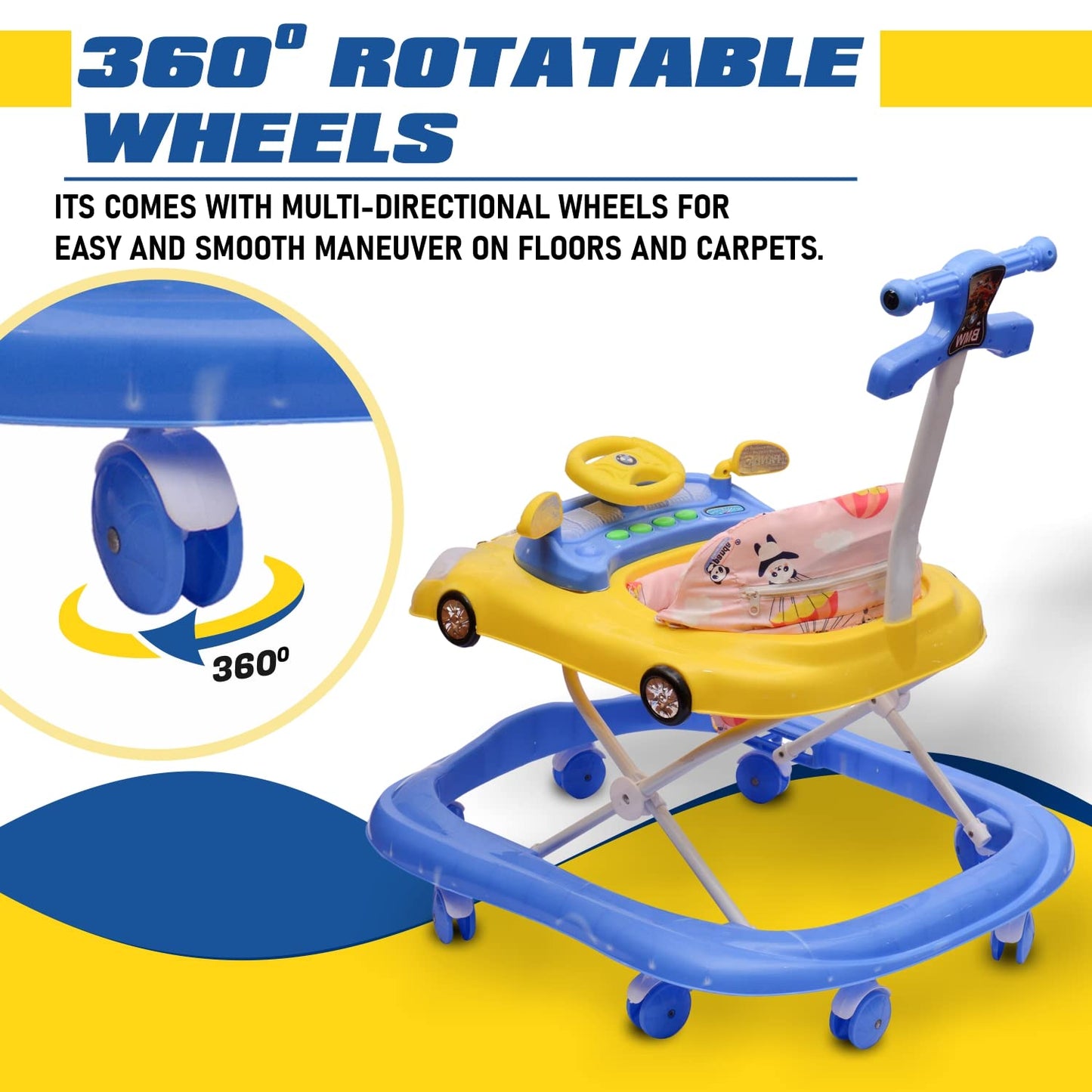 B.M.W Baby Walker Adjustable Height with Height Adjustable 6-18 Months Baby Walker Walker for Kids, Walker with Parental Push Handle | Activity Walker for Baby with Musical Boys Girls (Blue) - MRGTOYS