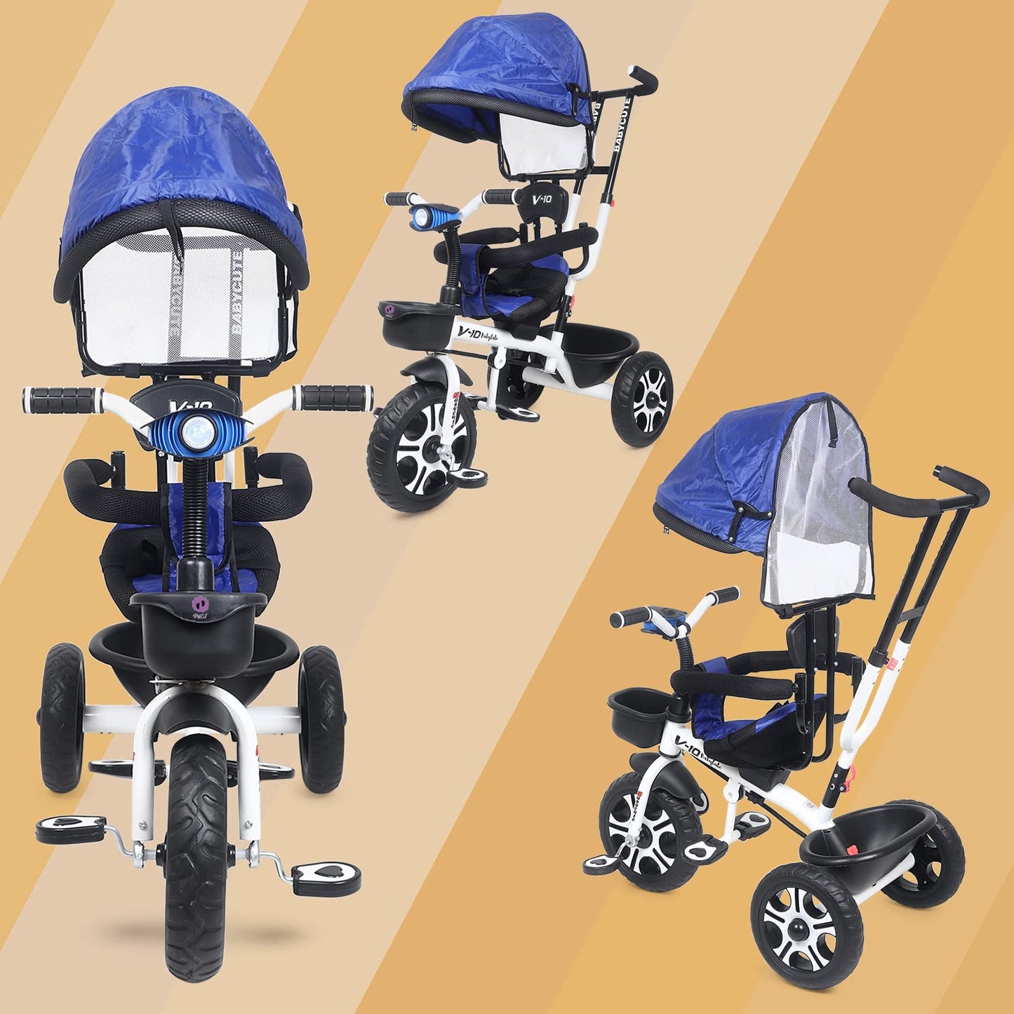 Baby Cute Kids Pro Max Kids|Baby Musical Trike|Tricycle with Light, Foldable Canopy and 360 Degree Seat Rotating Tricycle for Kids|Boys|Girls Age Group 2 to 5 Years (Brown) (Blue) - MRGTOYS