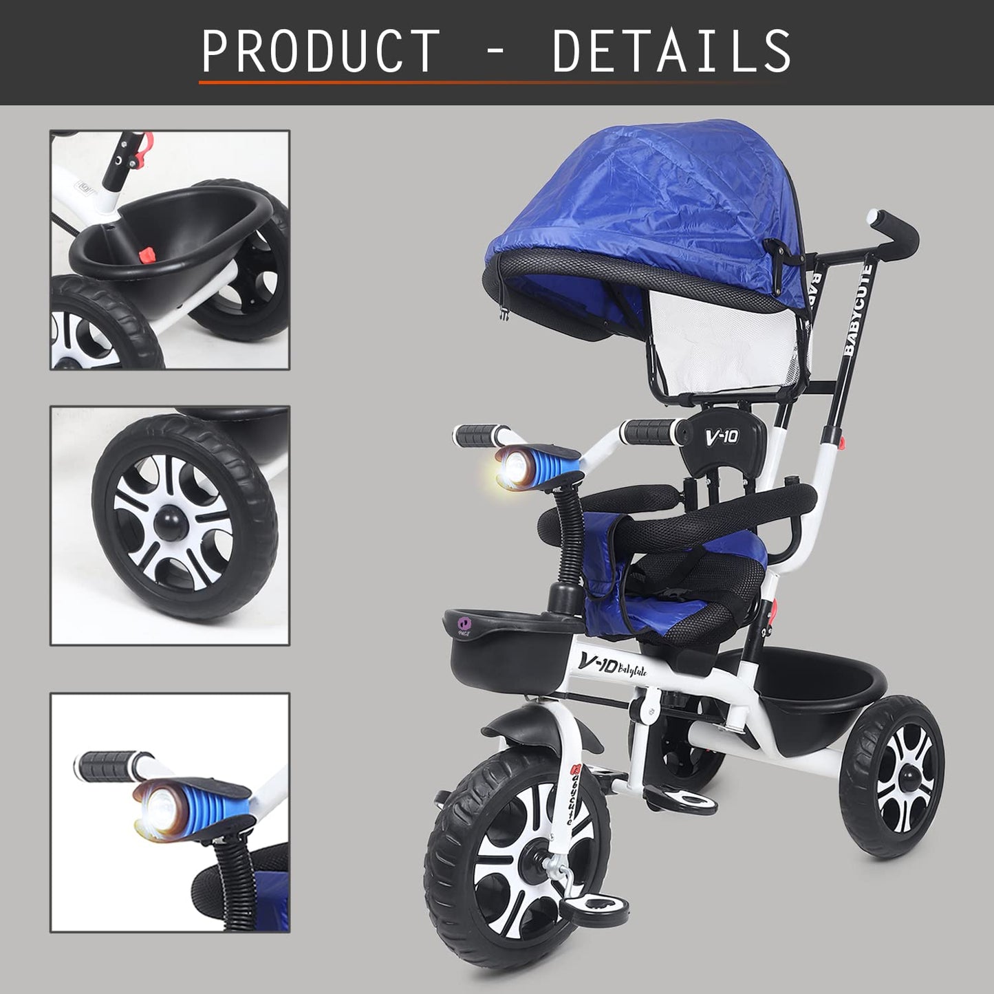 Baby Cute Kids Pro Max Kids|Baby Musical Trike|Tricycle with Light, Foldable Canopy and 360 Degree Seat Rotating Tricycle for Kids|Boys|Girls Age Group 2 to 5 Years (Brown) (Blue) - MRGTOYS