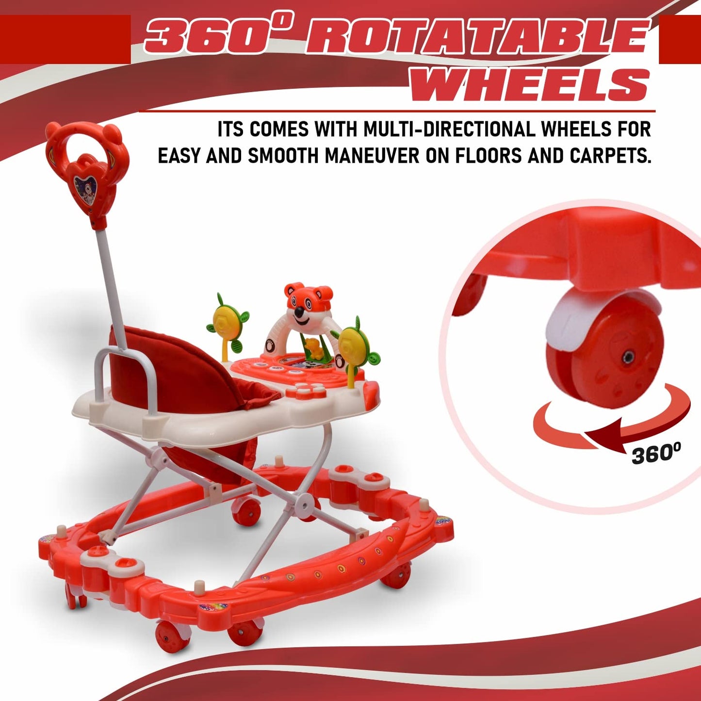Rocker N Walker Baby Adjustable Height with Height Adjustable 6-18 Months Baby Walker Walker for Kids, Walker with Parental Push Handle | Activity Walker for Baby with Musical Boys Girls (Red) - MRGTOYS