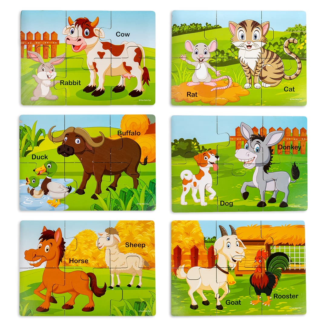 Ratna's My First Wooden Jigsaw Puzzle Domestic Animals for Kids (6 Pieces, Pack of 6; Total 36 pcs) Puzzle Size 17 x 12 cm