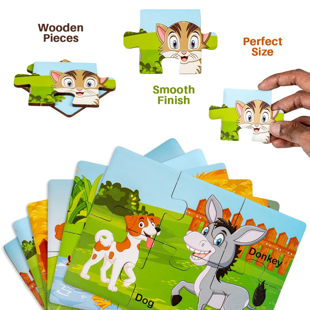 Ratna's My First Wooden Jigsaw Puzzle Domestic Animals for Kids (6 Pieces, Pack of 6; Total 36 pcs) Puzzle Size 17 x 12 cm