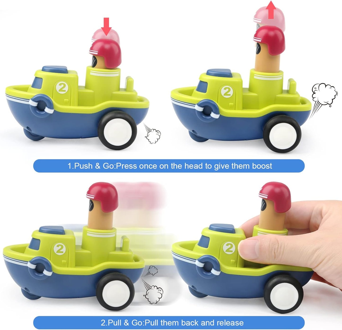 Pack of 4 Toy Cars Push and Go Play Set Friction Powered Car Pull Back Vehicles Transport Tools Gifts for Babies Toddlers Kids Boys Girls Age 3+ Years Old (Including Car Airplane Boat Train)