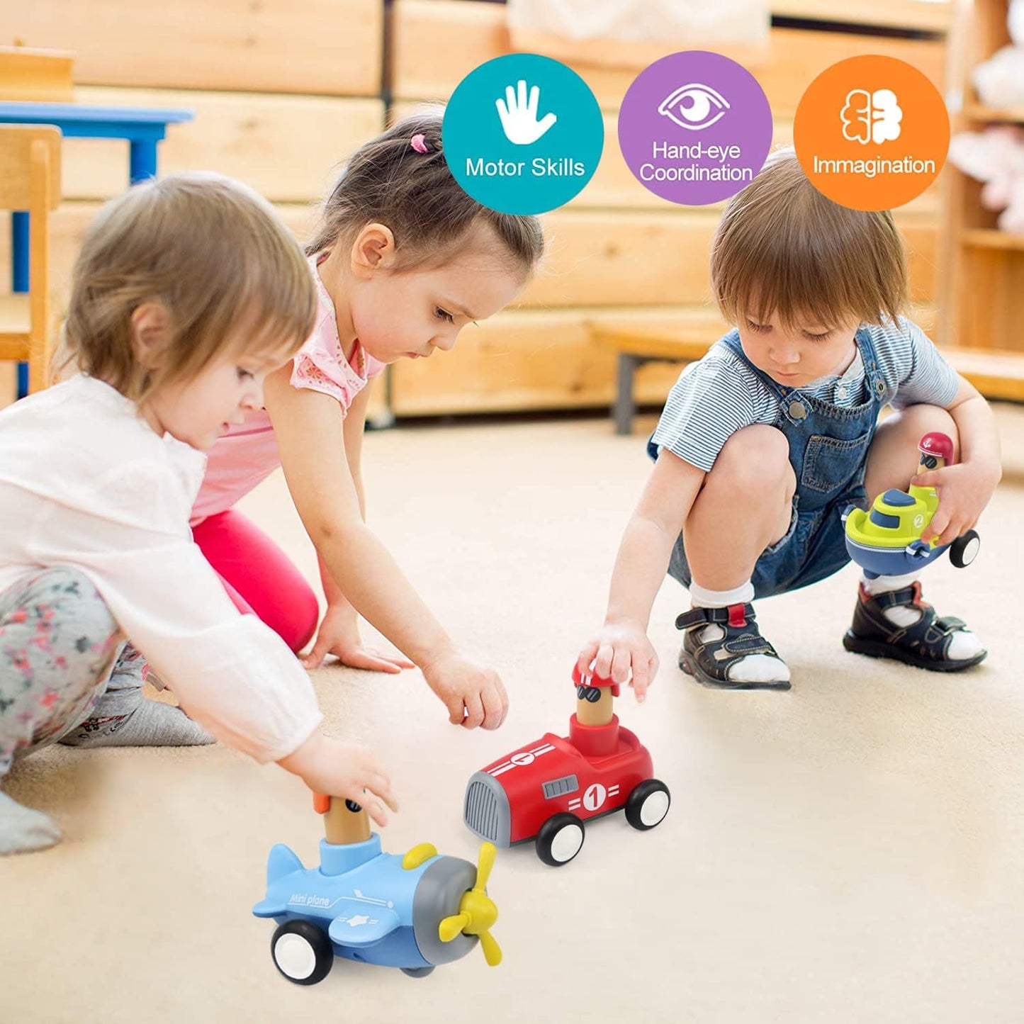 Pack of 4 Toy Cars Push and Go Play Set Friction Powered Car Pull Back Vehicles Transport Tools Gifts for Babies Toddlers Kids Boys Girls Age 3+ Years Old (Including Car Airplane Boat Train)