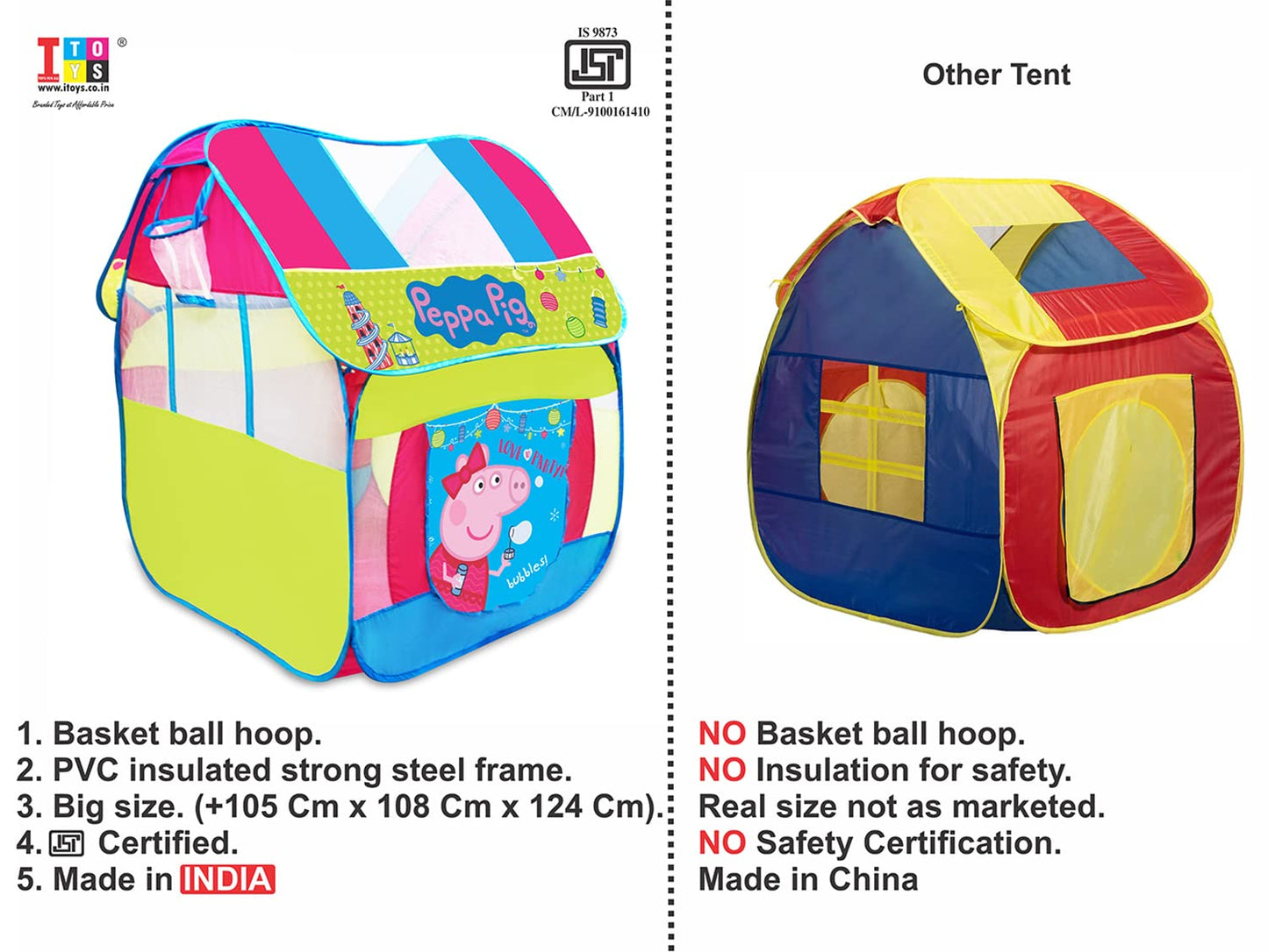 Itoys Peppa Pig Foldable Playhouse Tent For Kids- Big Pop-Up theme theme Play Tent For Toddler And Baby, Fill With Plastic Balls (Balls Not Included) (Peppa Pig Big Pop Up Tent, Multicolour)