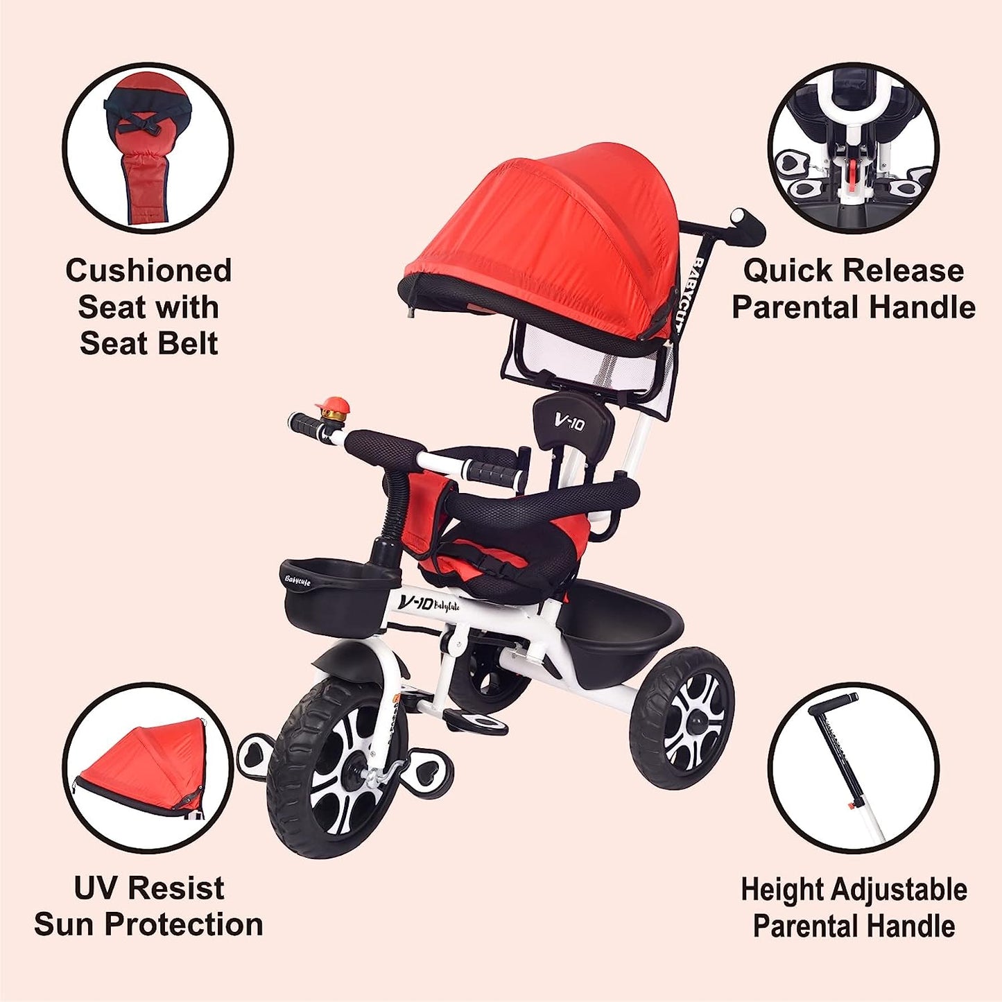BabyCute Cycle for Kids, Plug and Play Baby Sports Tricycle with Canopy for 2 to 5 Year Old Children V 10 RED - MRGTOYS