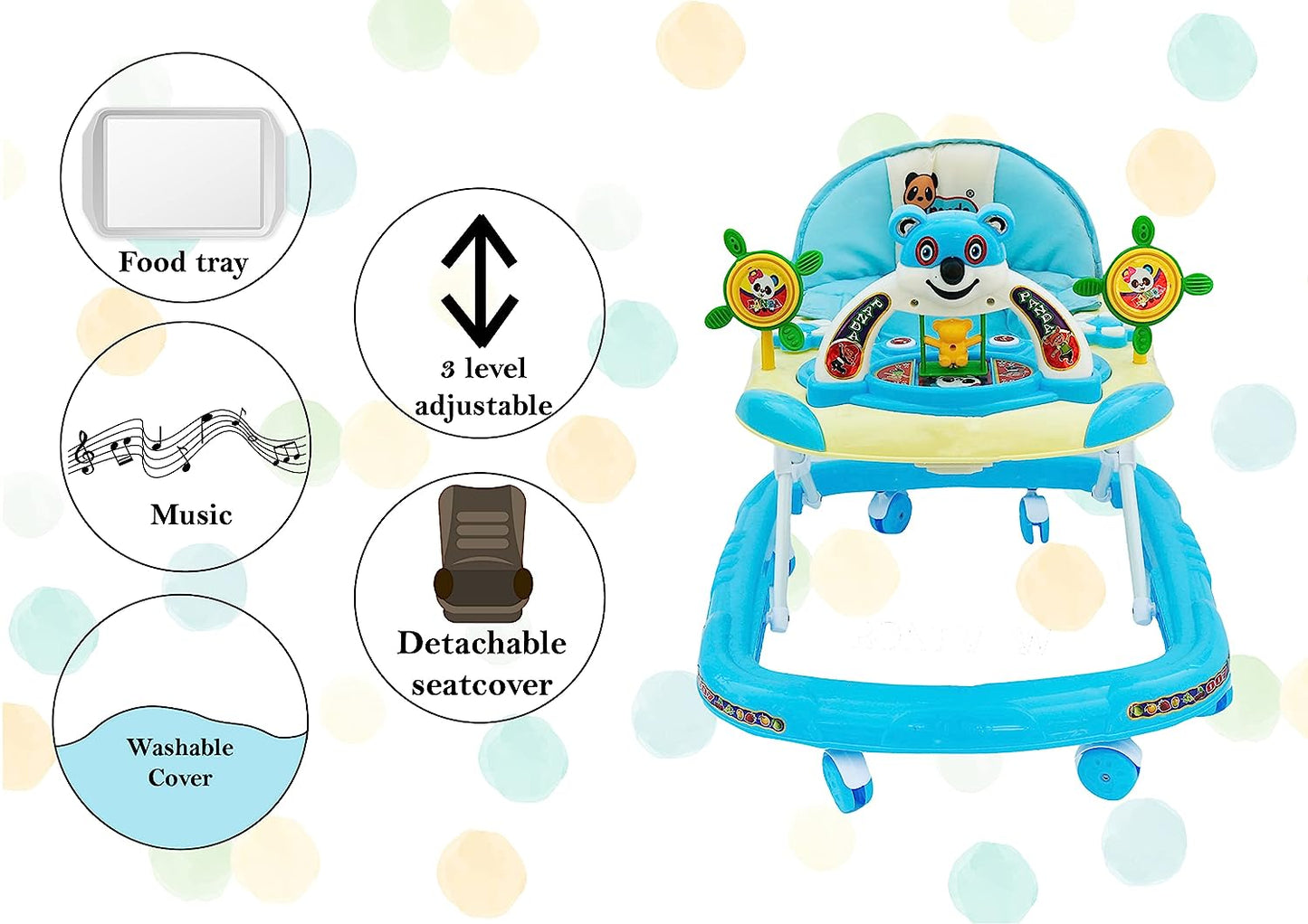 Panda 007 Smart Musical Round Toddler Baby Walker with Comfy 3-in-1 Height Adjustable with Light and Musical Toy Bar and Ultra Soft Seat for Kids (6 Month + Age) (Kids Walker) (Blue) - MRGTOYS