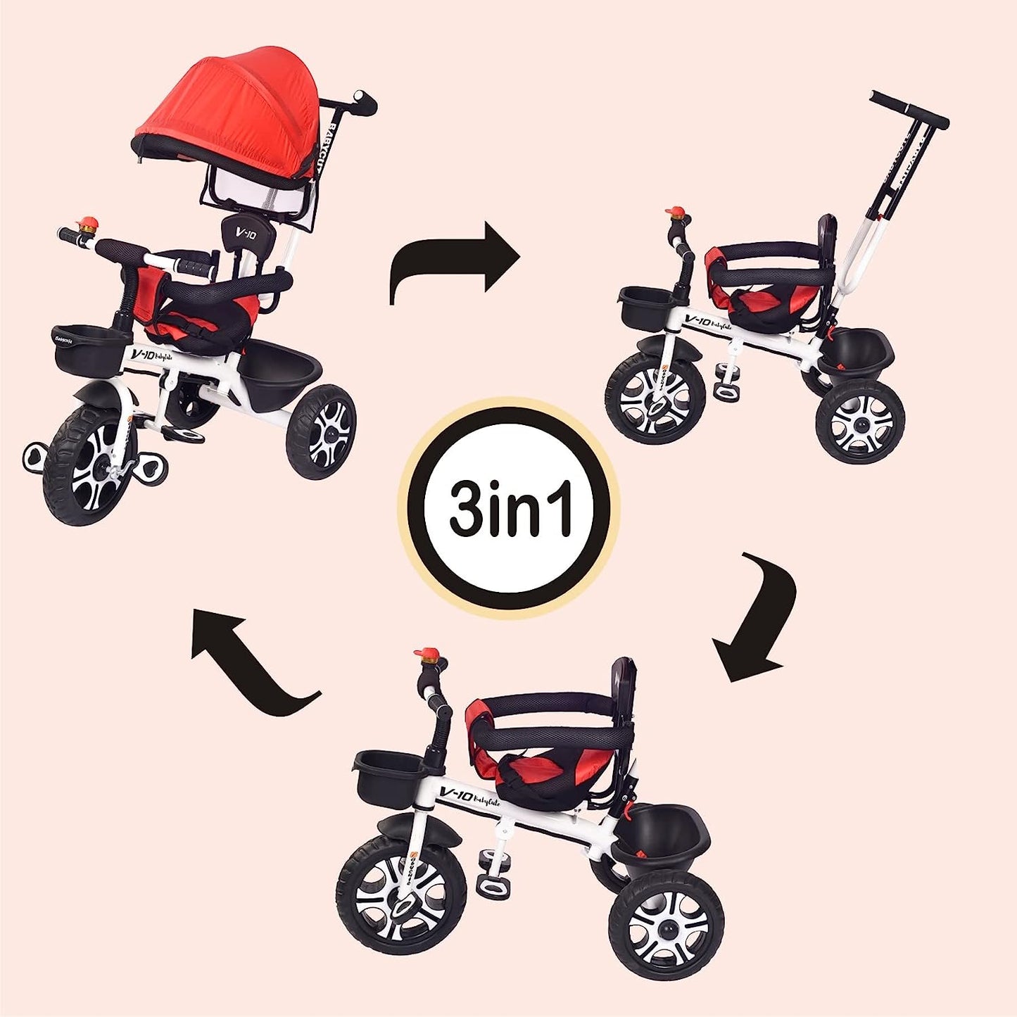 BabyCute Cycle for Kids, Plug and Play Baby Sports Tricycle with Canopy for 2 to 5 Year Old Children V 10 RED - MRGTOYS