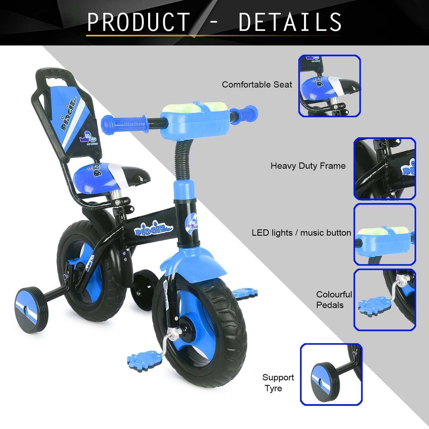 BABYCUTE Plug N Play Kids/Baby Tricycle for 12 Months to 48 Months, Cushion Seat and Seat Belt Boys, Girls, and Up to 30kg Carrying Capacity PIDGI TRICYCLE (Blue) - MRGTOYS