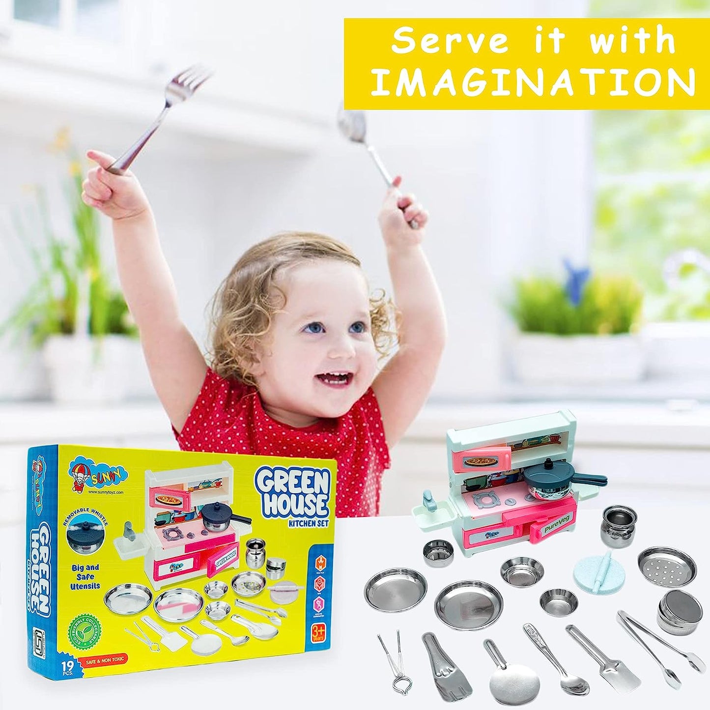 Green House 19 Pieces Kitchen Set for Kids.A Perfect Roleplay Pretend Play Kitchen Play Set for Kids. - MRGTOYS