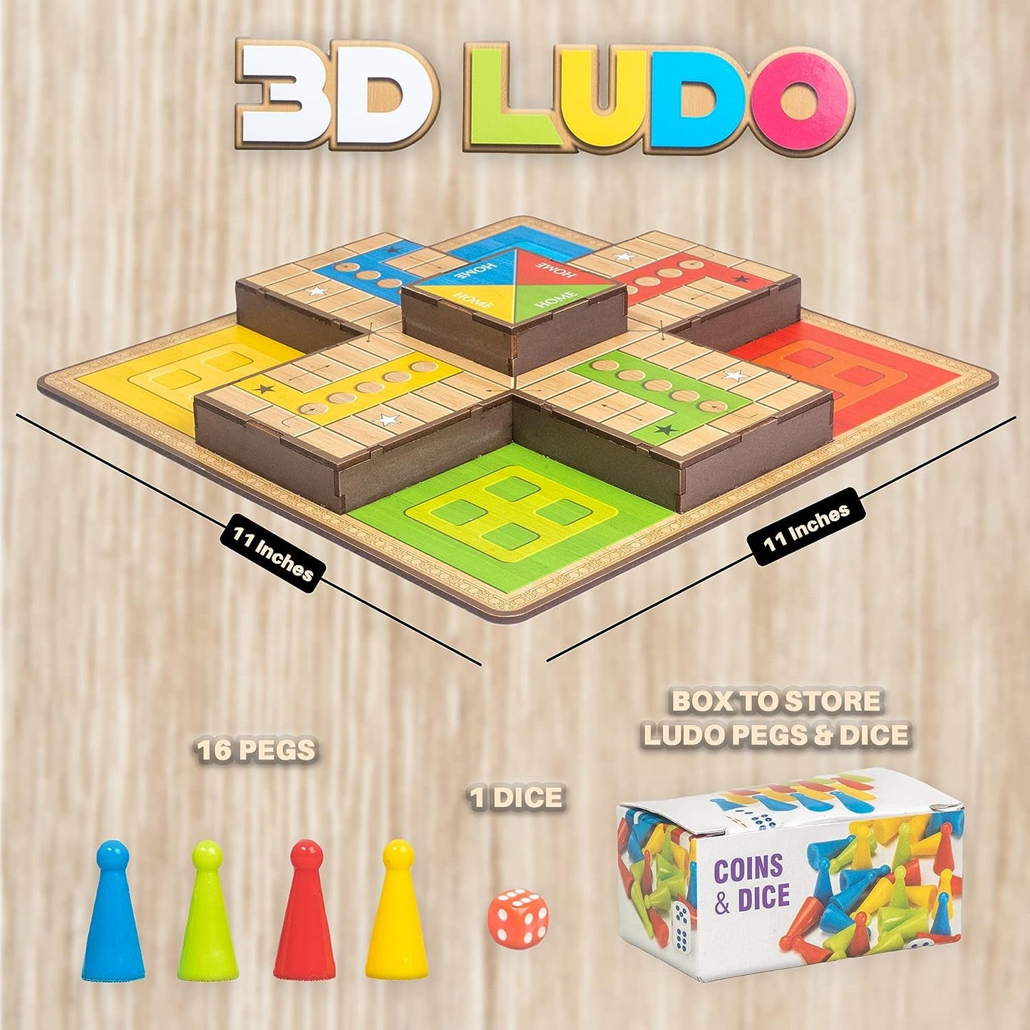 Toysbox 3D Ludo MDF Wooden Board Game Toy Play Family Fun with for Kids and Adults