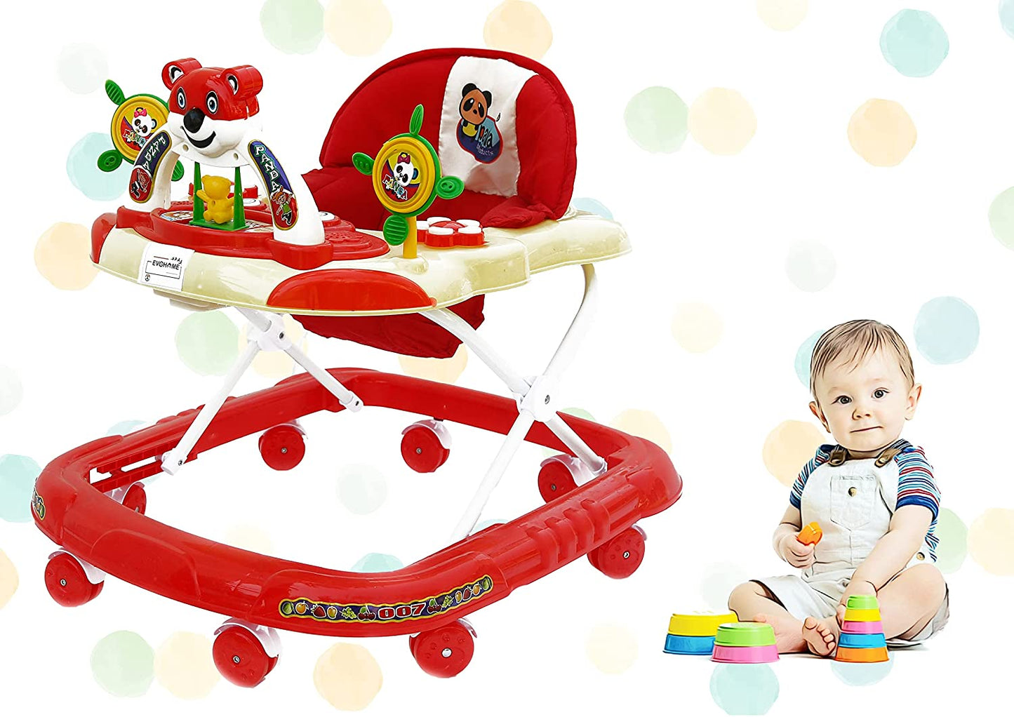 Panda 007 Smart Musical Round Toddler Baby Walker with Comfy 3-in-1 Height Adjustable with Light and Musical Toy Bar and Ultra Soft Seat for Kids (6 Month + Age) (Kids Walker) (RED) - MRGTOYS
