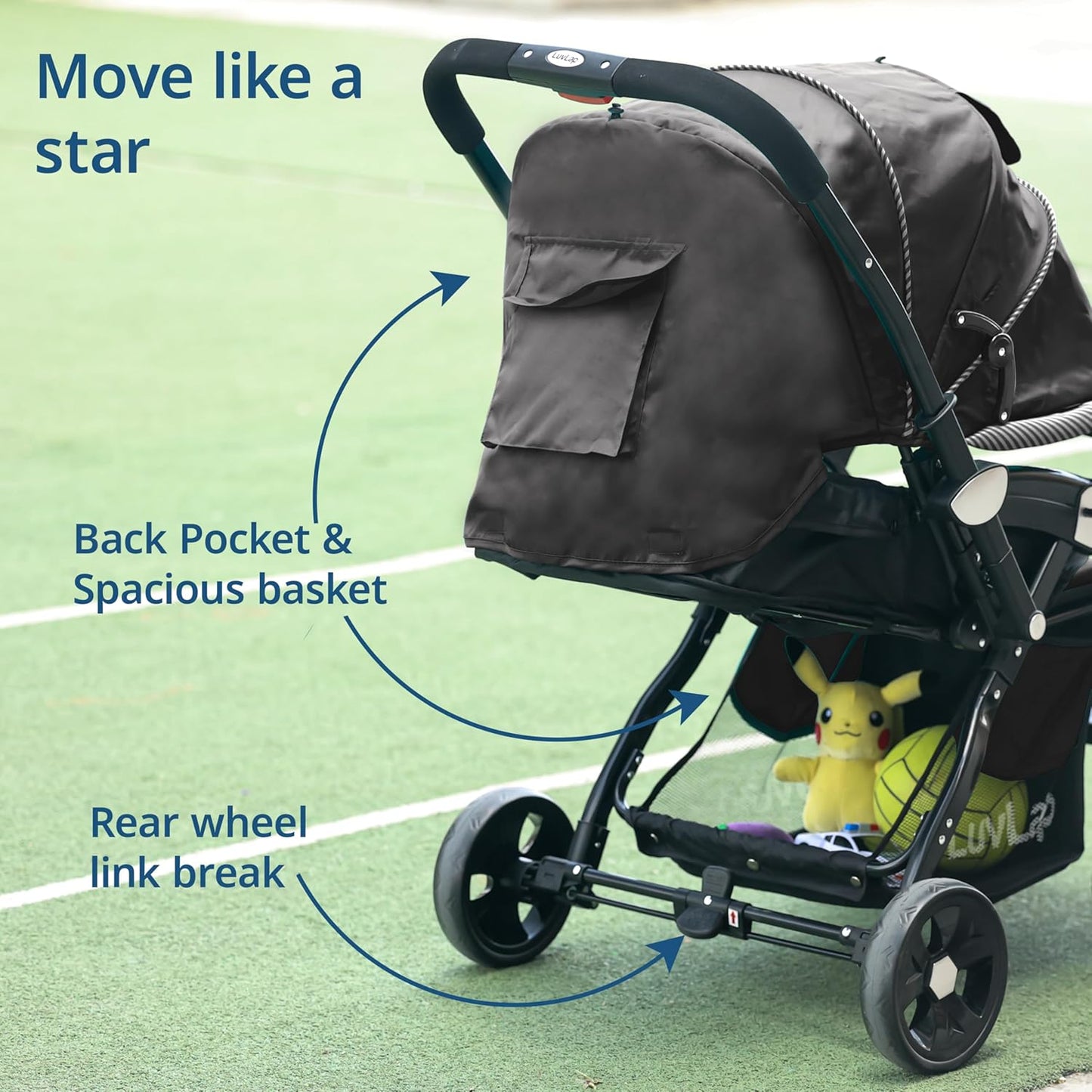 LuvLap Galaxy Baby Stroller, Pram for Baby with 5 Point Safety Harness, Spacious Cushioned seat with Multi Level seat Recline, Easy Fold, Lightweight Baby Stroller for 0 to 3 Years (Black)