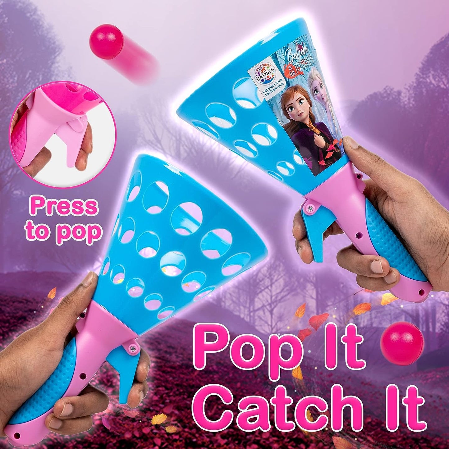 Ratna's Sky Ping Pong Disney Frozen Pop & Catch Plastic Click and Catch Twin Ball Indoor & Outdoor Game Toy Set for Boys & Girls