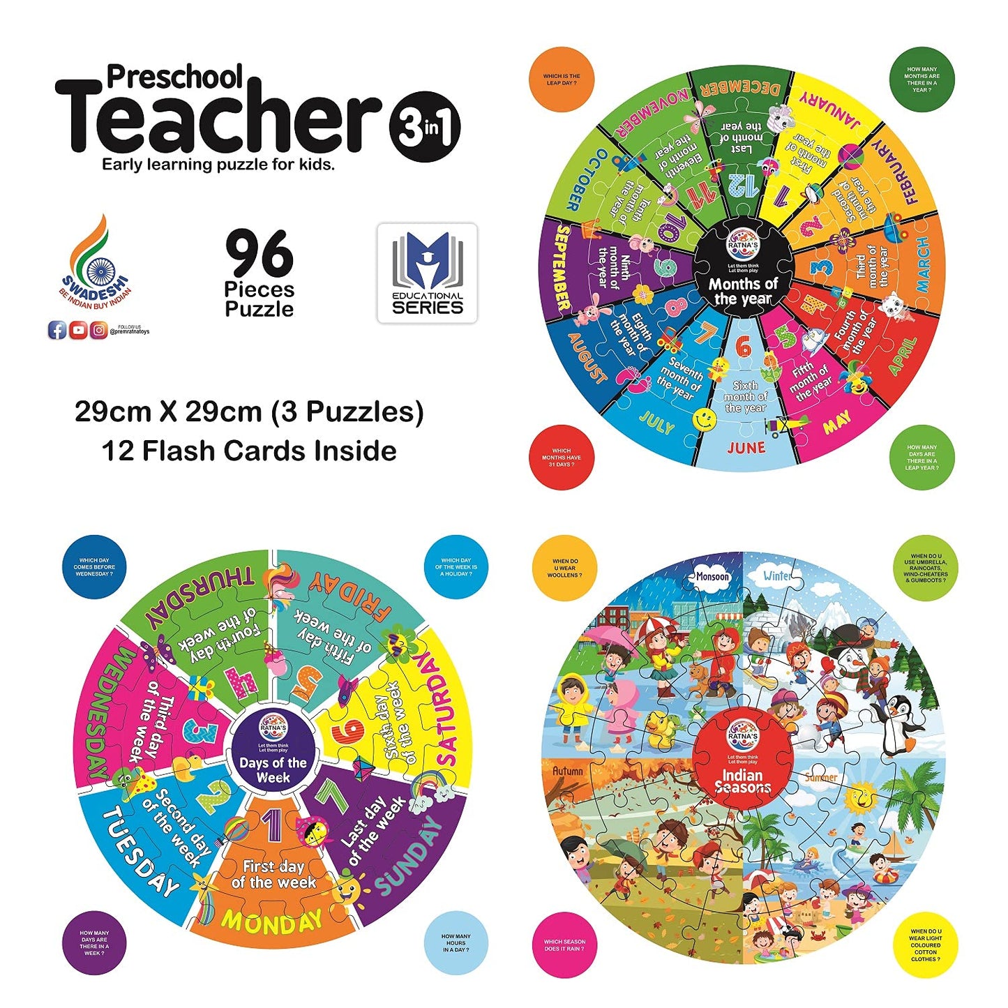 Preschool Teacher 3 in 1|A Perfect Early Learner Jigsaw Puzzle for Kids|Learn More About Days of The Week,Months of The Year & Different Indian Seasons