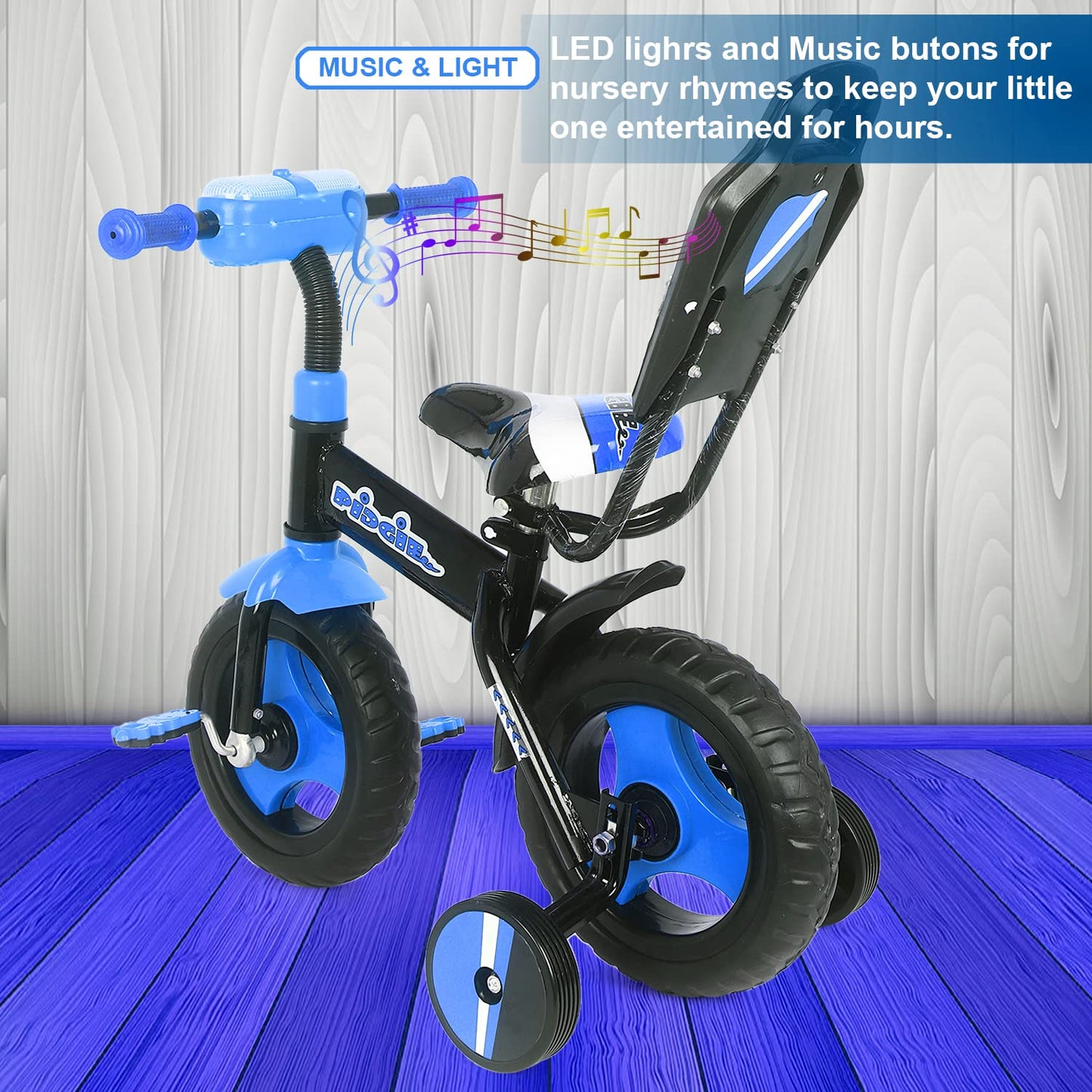 BABYCUTE Plug N Play Kids/Baby Tricycle for 12 Months to 48 Months, Cushion Seat and Seat Belt Boys, Girls, and Up to 30kg Carrying Capacity PIDGI TRICYCLE (Blue) - MRGTOYS
