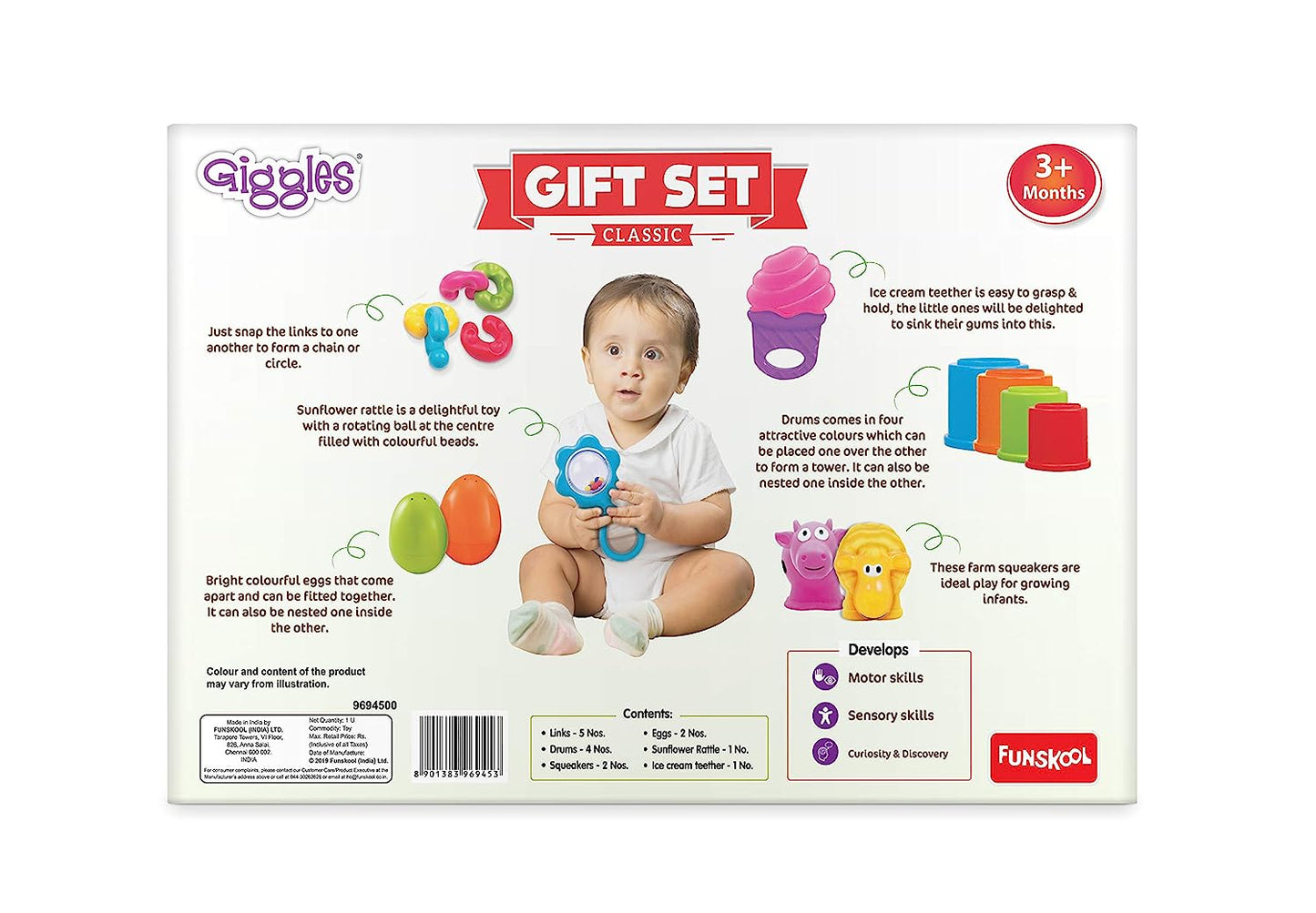 Giggles - Gift Set Classic, Multicolour Baby Toy Gift Set for New Born, Stack,Nest,Link,Squeakers,Teether,Rattle, 6 Months & Above, Infant Toys