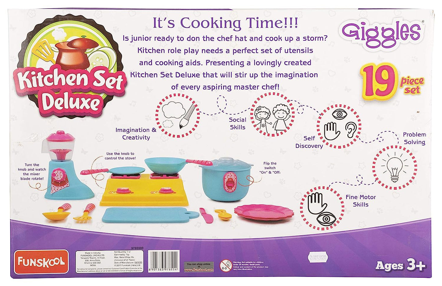 Giggles - Kitchen Set Deluxe, 19 Piece Colourful Pretend and Play Cooking Set, Language and Social Skills,Role Play, 3 Years & Above, Preschool Toys