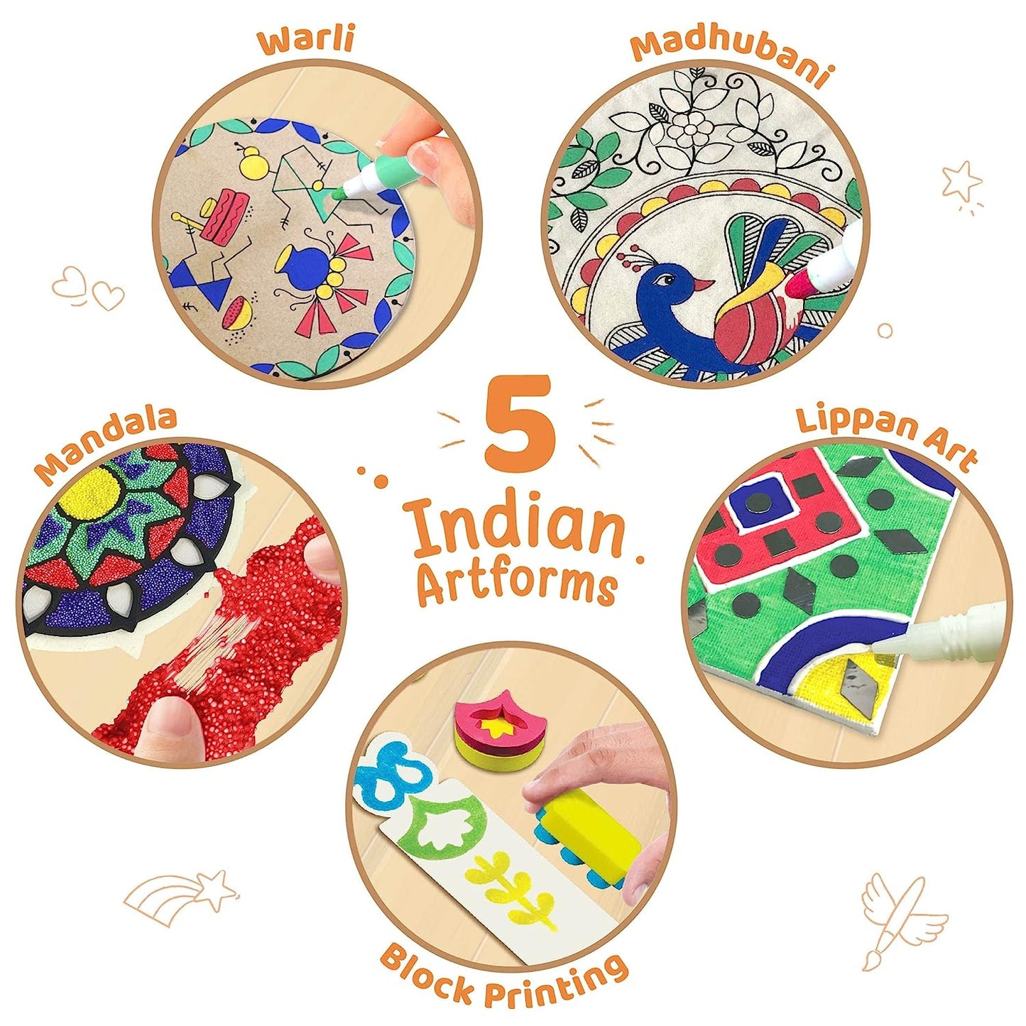 Imagimake Learn Indian Art Forms-Arts and Craft DIY Kit For Kids Learn Creative Crafts for Kids Ages 8-12, 5 Indian Art Forms-Madhubani, Warli, Lippan, Mandala & Block Printing Arts, Perfect DIY Craft Kit for Girls & Boys- Gift for Girls Kids & Boys