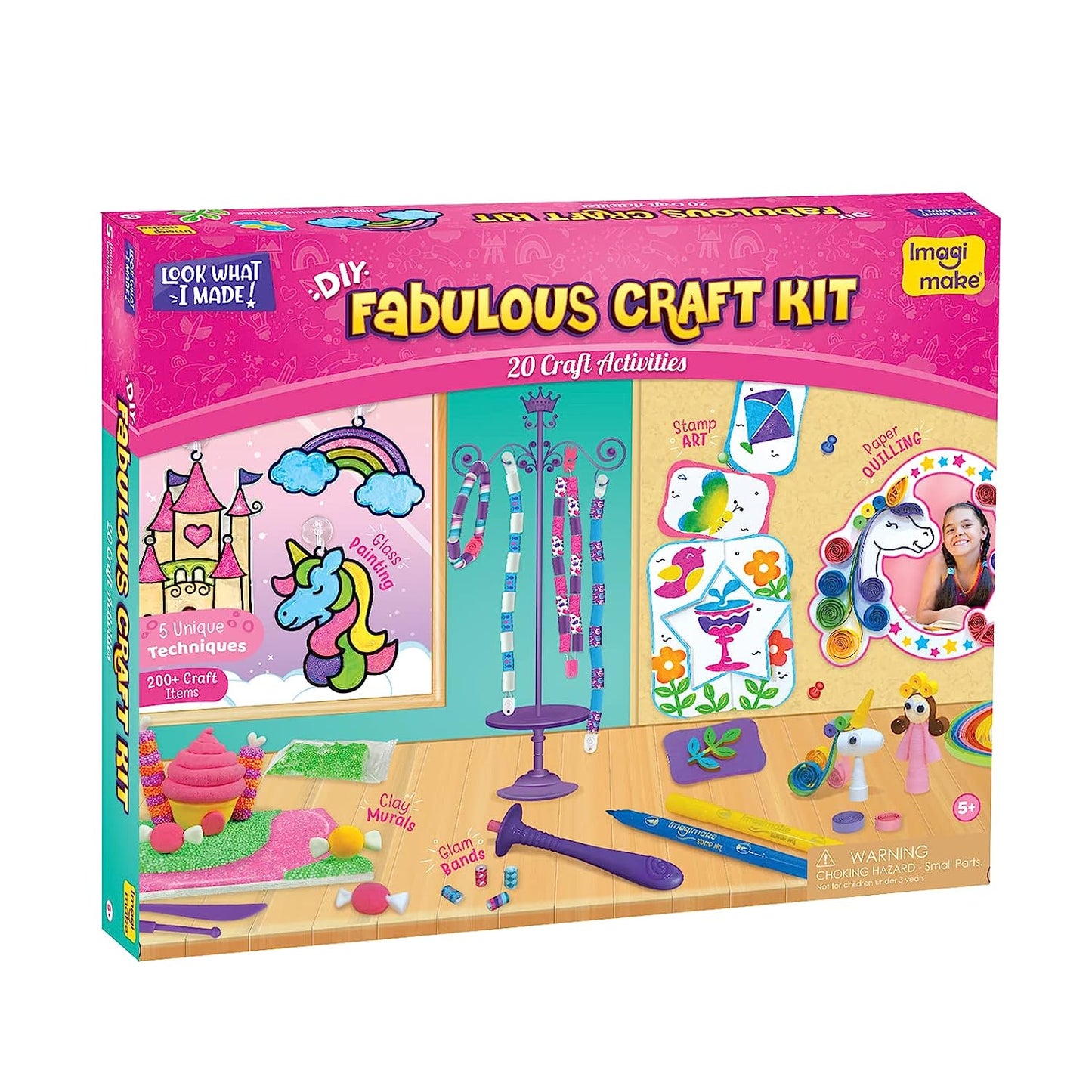 Imagimake Fabulous Craft Kit-Arts and Crafts for Kids ages 6-8-Suncatcher Kits for kids-Air Dry Clay, Paper Quilling Kit, Stamp for Kids- Princess, Unicorn Toys- Gifts for 5, 6, 7, 8, 9 Year Old Girls, Multicolour