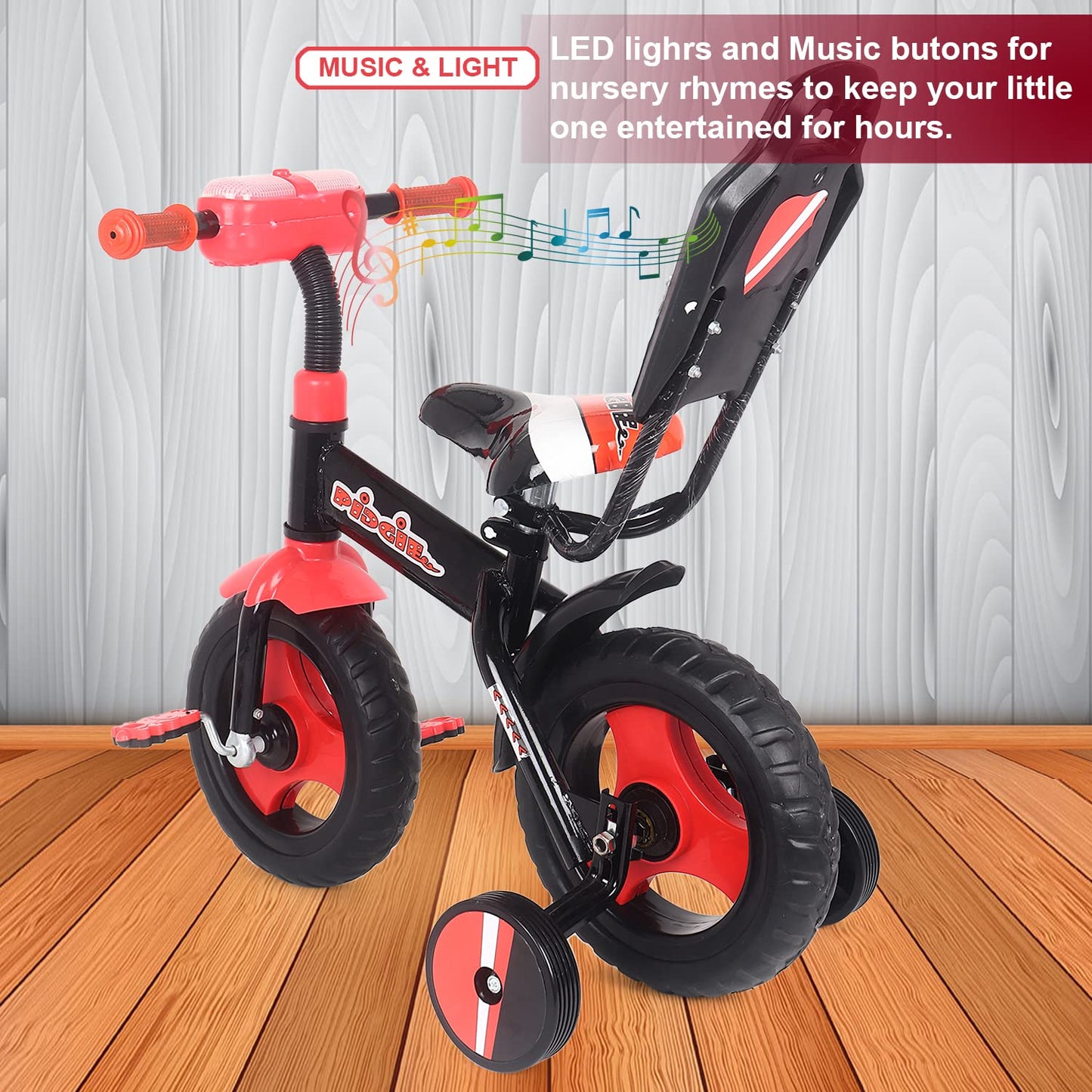 BABYCUTE Plug N Play Kids/Baby Tricycle for 12 Months to 48 Months, Cushion Seat and Seat Belt Boys, Girls, and Up to 30kg Carrying Capacity PIDGI TRICYCLE (Red) - MRGTOYS