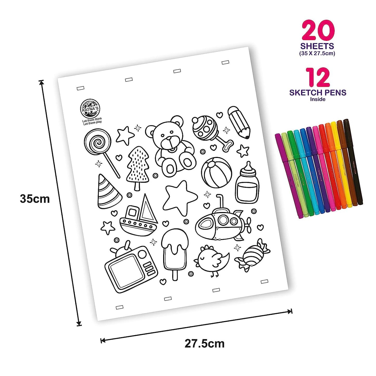 Ratna's Kids Doodle Art Colouring Kit Having 20 Sheets & 12 Sketch Pens | let The Child Learn with Fun Along with This Coloring kit