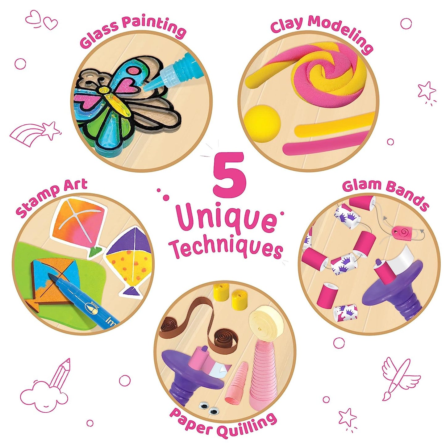 Imagimake Fabulous Craft Kit-Arts and Crafts for Kids ages 6-8-Suncatcher Kits for kids-Air Dry Clay, Paper Quilling Kit, Stamp for Kids- Princess, Unicorn Toys- Gifts for 5, 6, 7, 8, 9 Year Old Girls, Multicolour