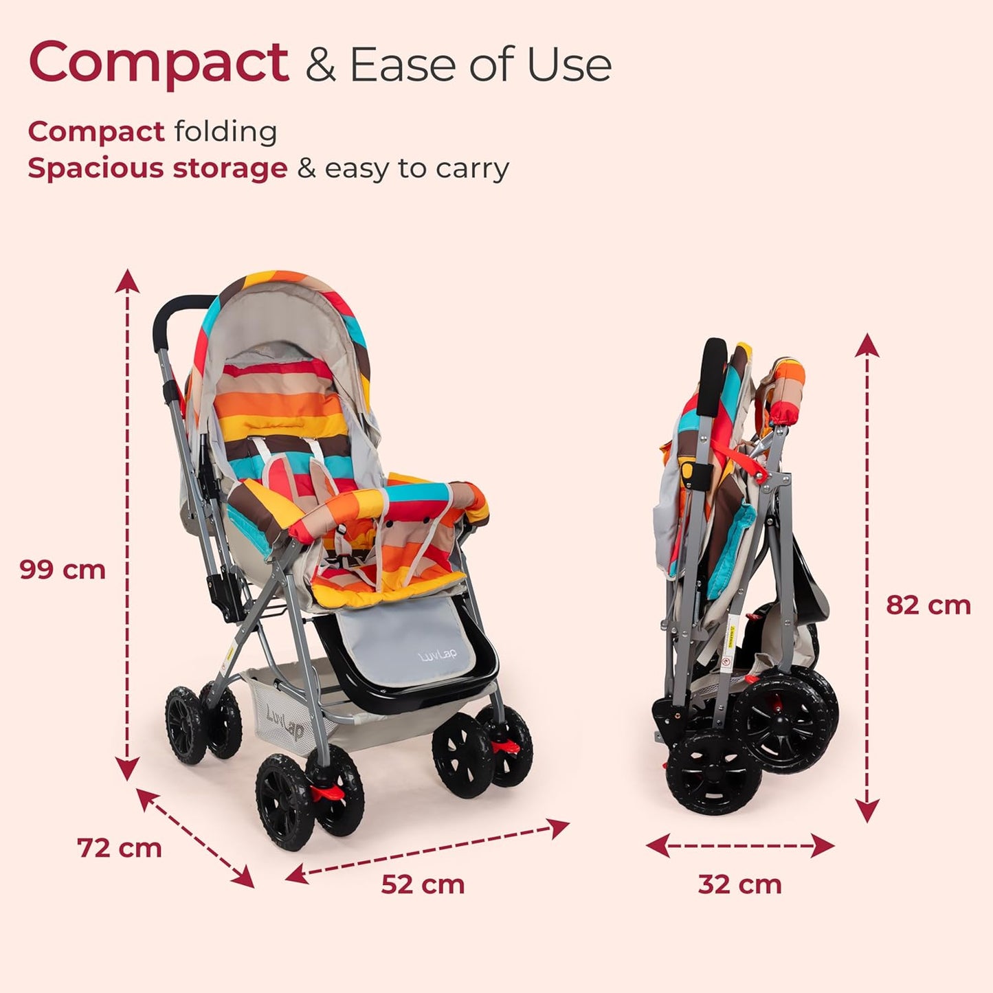 LuvLap Sunshine Baby Stroller/Pram for 0 to 3 Years, New Born/Toddler/Kid, 5 Point Safety Harness, Adjustable backrest, 360° Swivel Wheel, Large Storage Basket, Reversible Handlebar (Stripes)