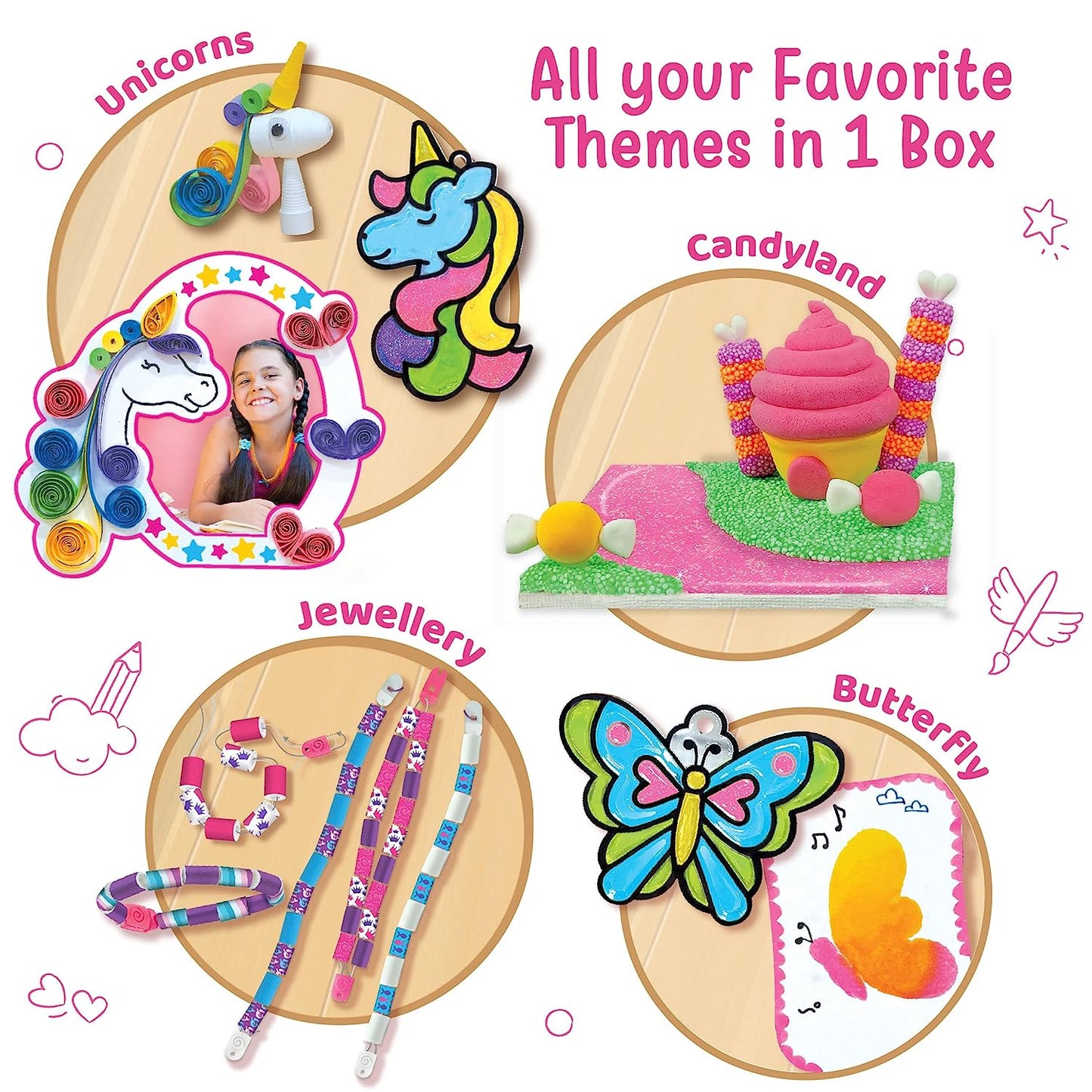 Imagimake Fabulous Craft Kit-Arts and Crafts for Kids ages 6-8-Suncatcher Kits for kids-Air Dry Clay, Paper Quilling Kit, Stamp for Kids- Princess, Unicorn Toys- Gifts for 5, 6, 7, 8, 9 Year Old Girls, Multicolour