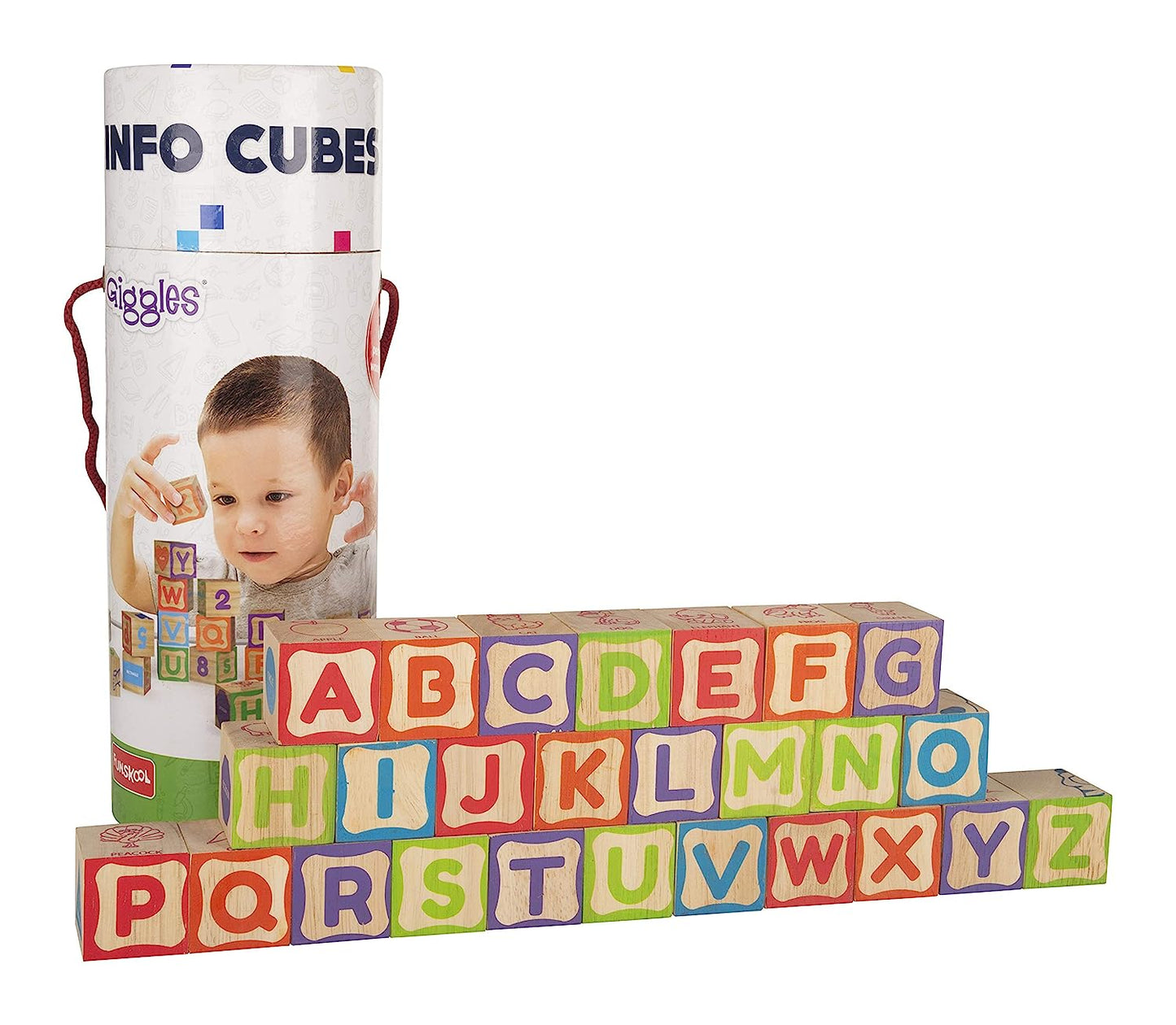 Giggles - Info Cubes, Educational Learning blocks, Teaches Alphabet,Numbers,Colour shapes & Picture puzzle, 3 Years & above, Preschool toys Multicolor (26 pieces)