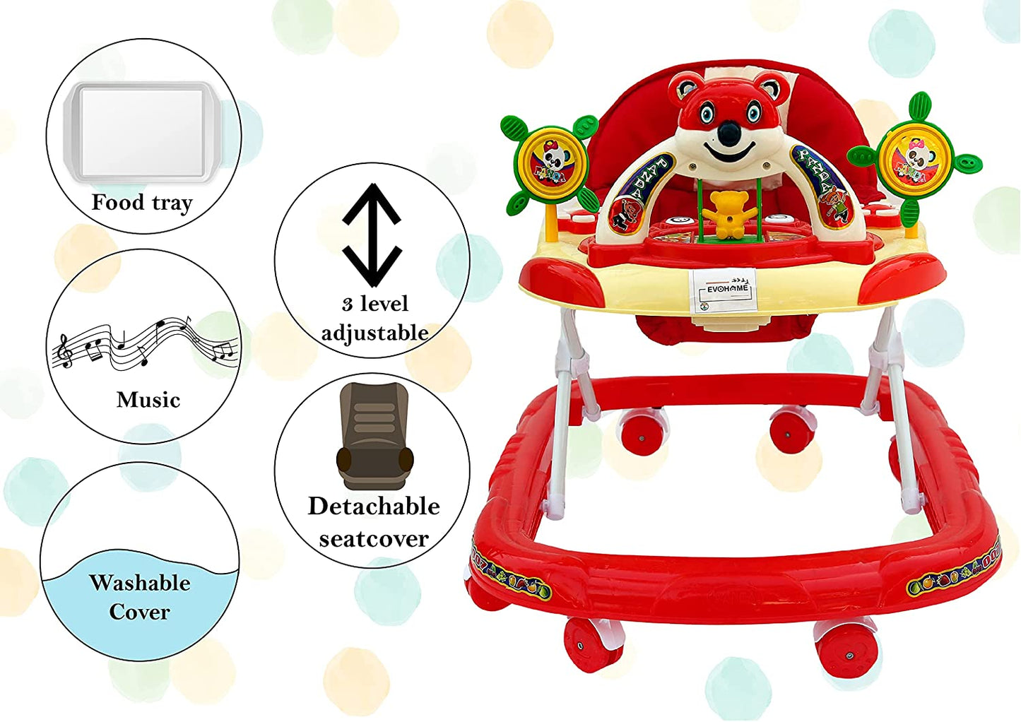 Panda 007 Smart Musical Round Toddler Baby Walker with Comfy 3-in-1 Height Adjustable with Light and Musical Toy Bar and Ultra Soft Seat for Kids (6 Month + Age) (Kids Walker) (RED) - MRGTOYS