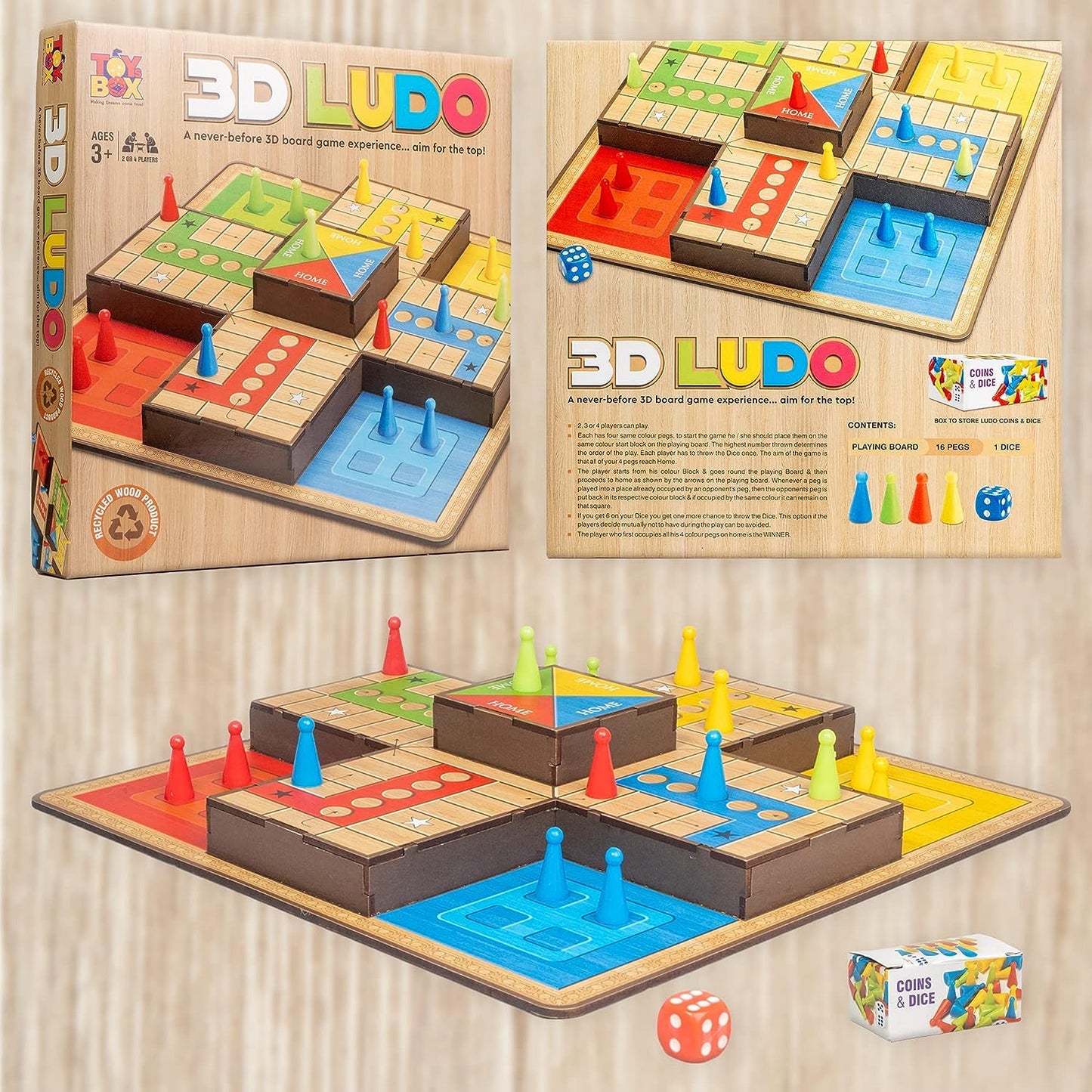 Toysbox 3D Ludo MDF Wooden Board Game Toy Play Family Fun with for Kids and Adults
