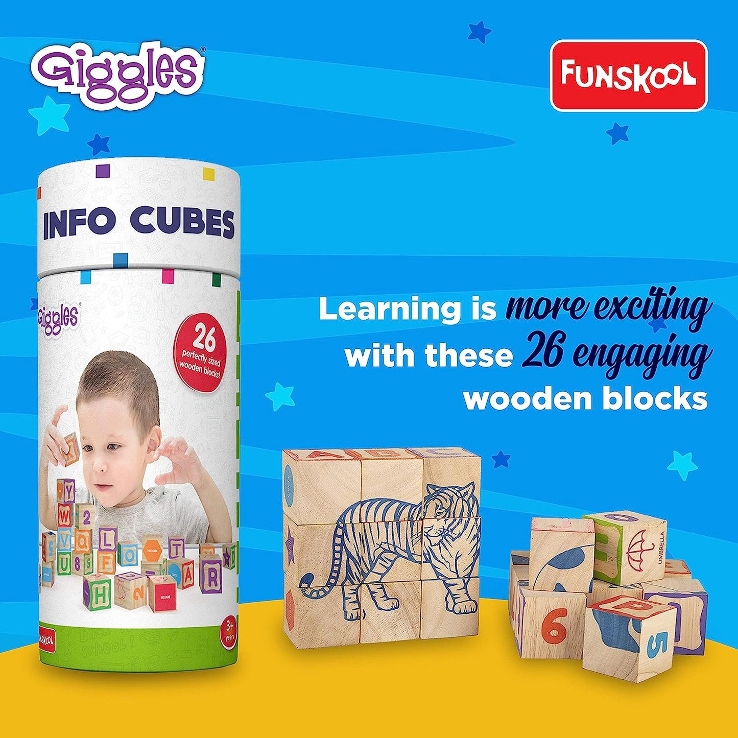 Giggles - Info Cubes, Educational Learning blocks, Teaches Alphabet,Numbers,Colour shapes & Picture puzzle, 3 Years & above, Preschool toys Multicolor (26 pieces)