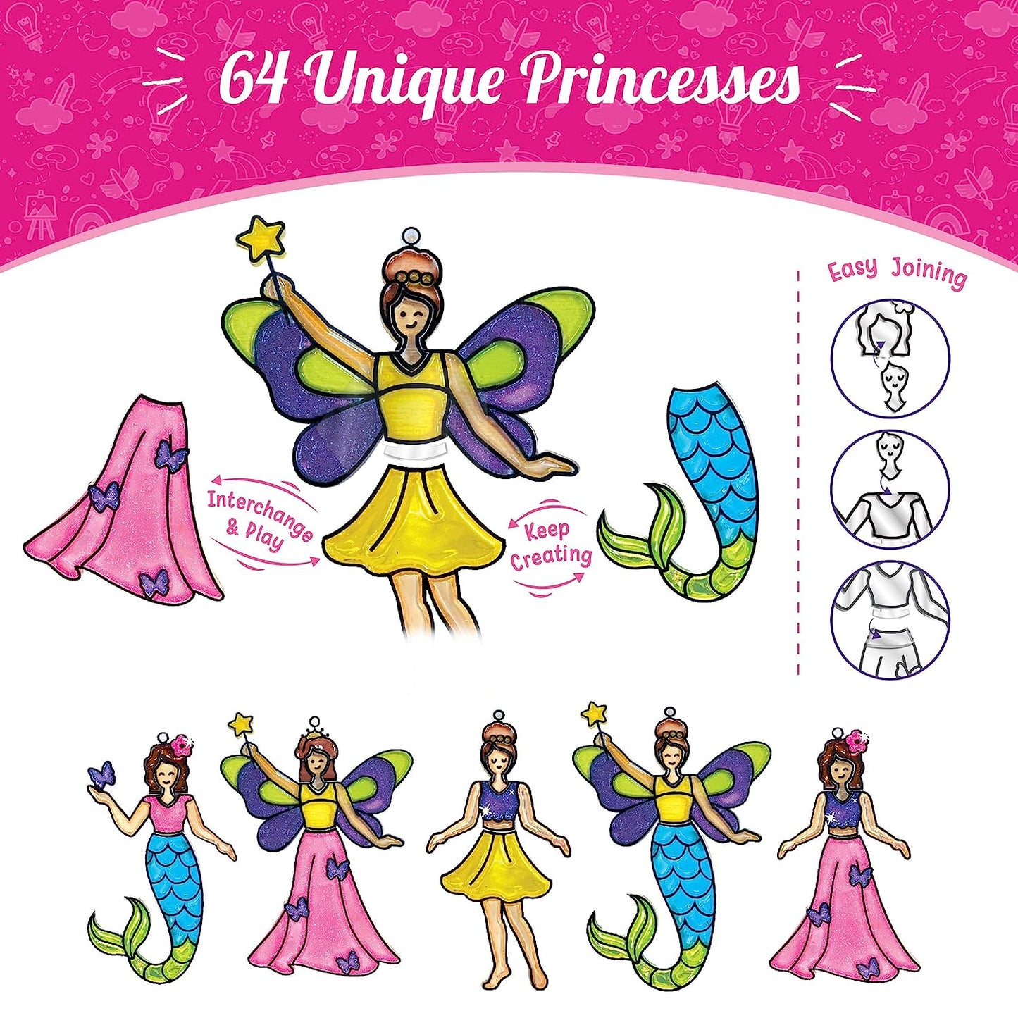 Imagimake Window Art - Princess - 16 Pieces Glass Painting Set - Princess, Mermaid, Unicorn Designs - Craft Kit for Girls 5 Years & Above GAMES