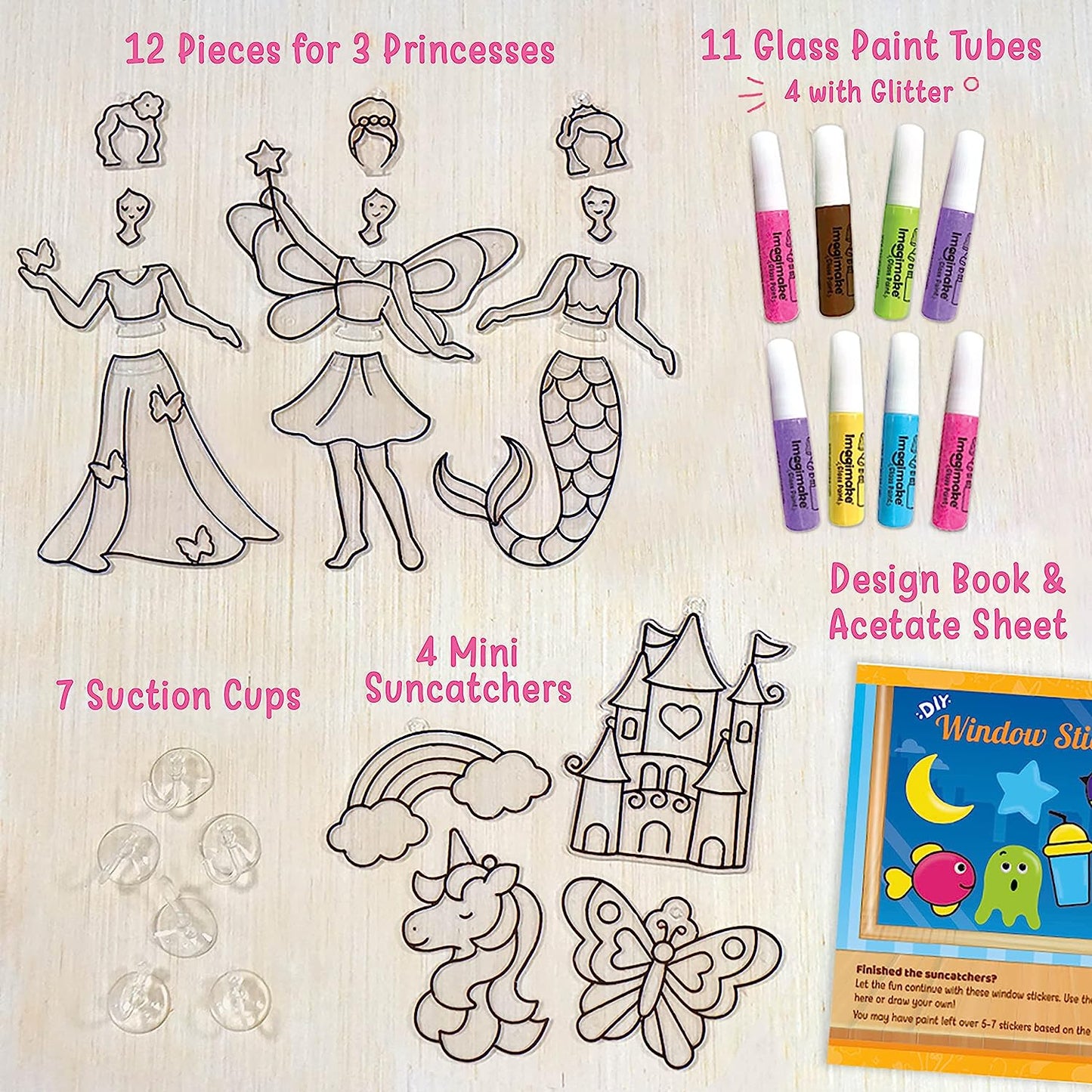 Imagimake Window Art - Princess - 16 Pieces Glass Painting Set - Princess, Mermaid, Unicorn Designs - Craft Kit for Girls 5 Years & Above GAMES