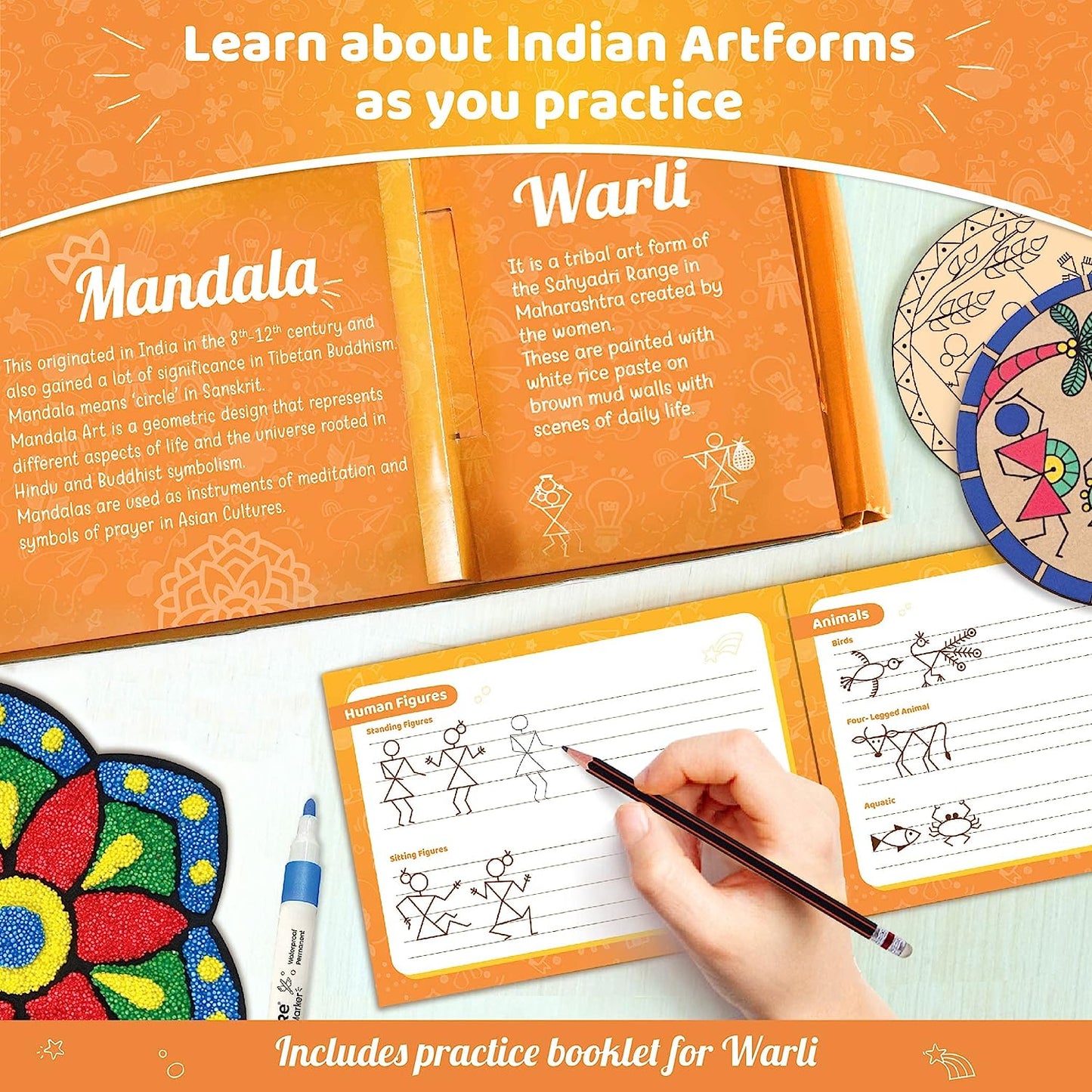 Imagimake Learn Indian Art Forms-Arts and Craft DIY Kit For Kids Learn Creative Crafts for Kids Ages 8-12, 5 Indian Art Forms-Madhubani, Warli, Lippan, Mandala & Block Printing Arts, Perfect DIY Craft Kit for Girls & Boys- Gift for Girls Kids & Boys