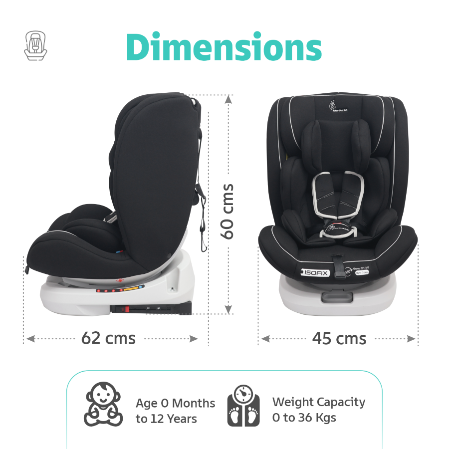R for Rabbit Jack N Jill Grand ISOFIX Car Seat for kids 0-12 Years Safety Certified, 5-Point Safety Harness, Removable Seat Cover, Adjustable Head Rest