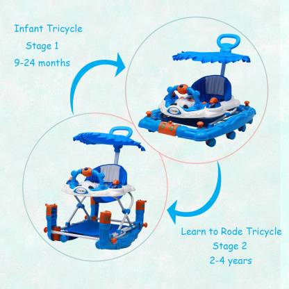 Love Baby Activity Walker for Kids with Canopy Adjustable Height Musical Tray and Light for 6 Months blue - MRGTOYS