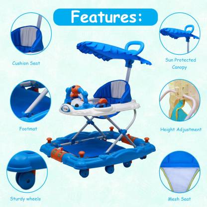 Love Baby Activity Walker for Kids with Canopy Adjustable Height Musical Tray and Light for 6 Months blue - MRGTOYS