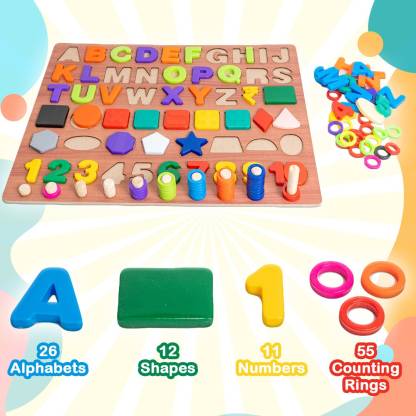 RATNA'S Educational Alpha Number & Shapes jumbo with counting fun with wooden base plate (Multicolor)