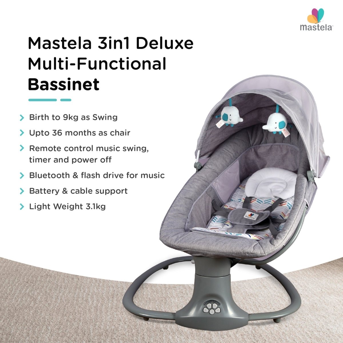 MASTELA 3-IN-1 DELUXE MULTI-FUNCTIONAL BASSINET/SWING- GREY