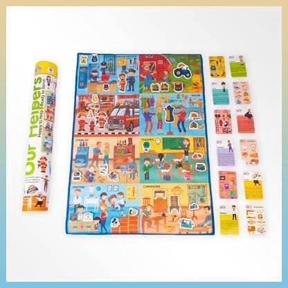 RATNA'S Our Helpers Activity Mat (91 cms X 66 cms Jumbo Mat) with 13 Both Sides Printed Flash Cards & 28 Helpers