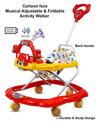 Musical Activity Baby Walker 555 with Music & Parent Handel Rod & Adjustable Height for Kids (RED) - MRGTOYS