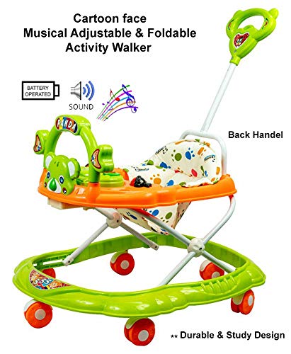 Musical Activity Baby Walker 555 with Music & Parent Handel Rod & Adjustable Height for Kids (Green) - MRGTOYS