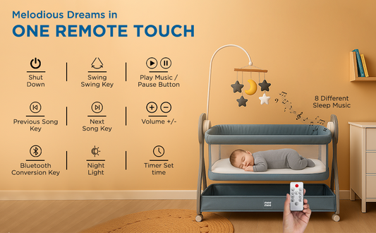 Mee Mee Sweet Love Automatic Electric Cradle with Cot Mobile | Built-in Soft Night Lamp | Remote 3-Speed Swing | Soothing Music & Bluetooth | Smart Timer | Lockable Wheels | Baby Bassinet 0-12 Months