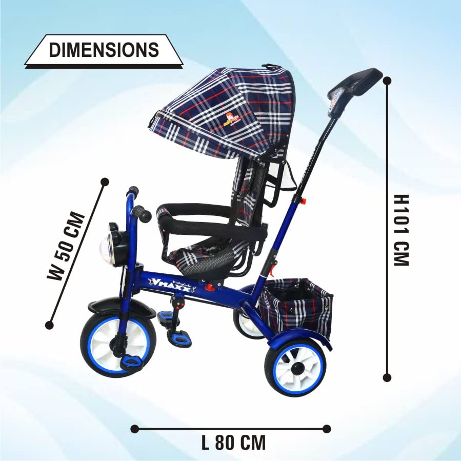 BABYCUTE Baby Tricycle for 2 Years to 5 Years | Tricycle for Kids 1 to 5 Years with Printed Canopy and Parent Push Handle (Light Blue) - MRGTOYS