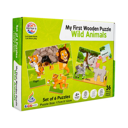 Ratna's My First Wooden Jigsaw Puzzle Wild Animals for Kids (6 Pieces, Pack of 6) Puzzle Size 17 x 12 cm