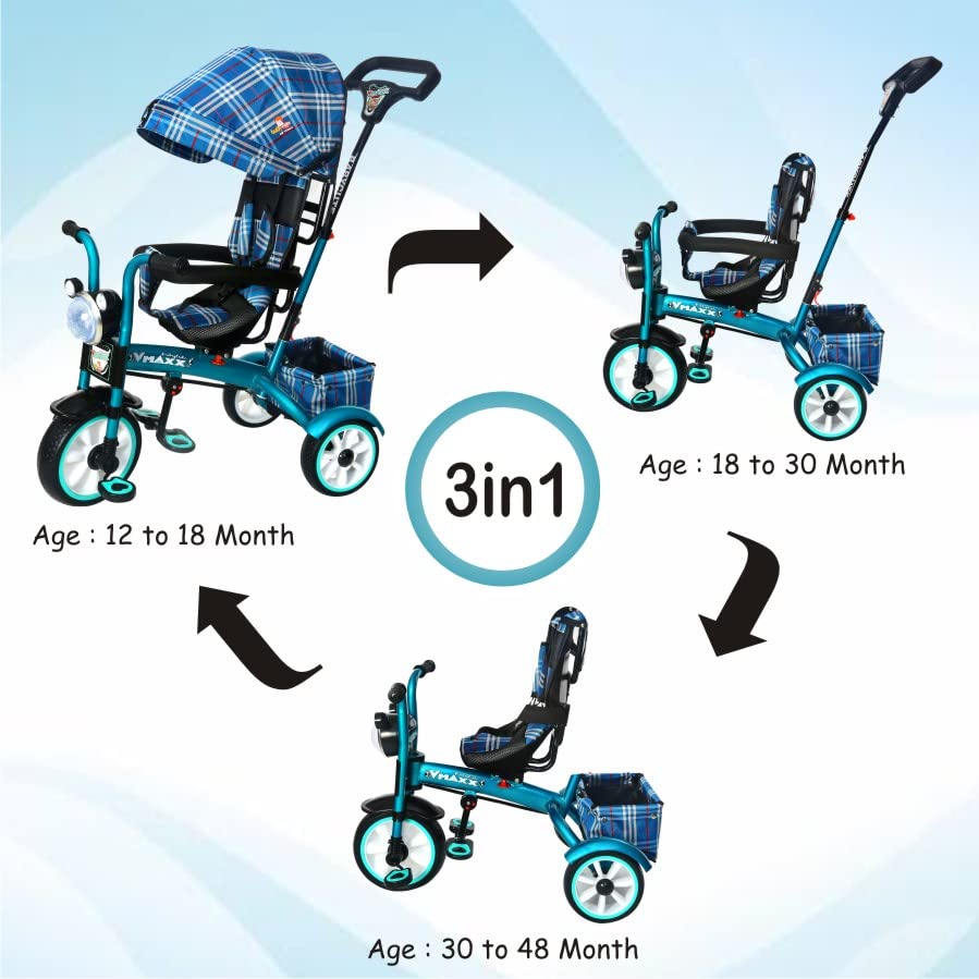 BABYCUTE Baby Tricycle for 2 Years to 5 Years | Tricycle for Kids 1 to 5 Years with Printed Canopy and Parent Push Handle (Navy Blue) - MRGTOYS