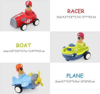 Pack of 4 Toy Cars Push and Go Play Set Friction Powered Car Pull Back Vehicles Transport Tools Gifts for Babies Toddlers Kids Boys Girls Age 3+ Years Old (Including Car Airplane Boat Train)